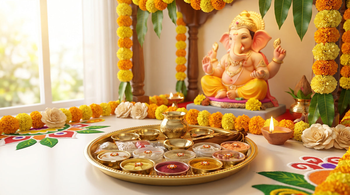 Ganpati puja setting with brass thali
