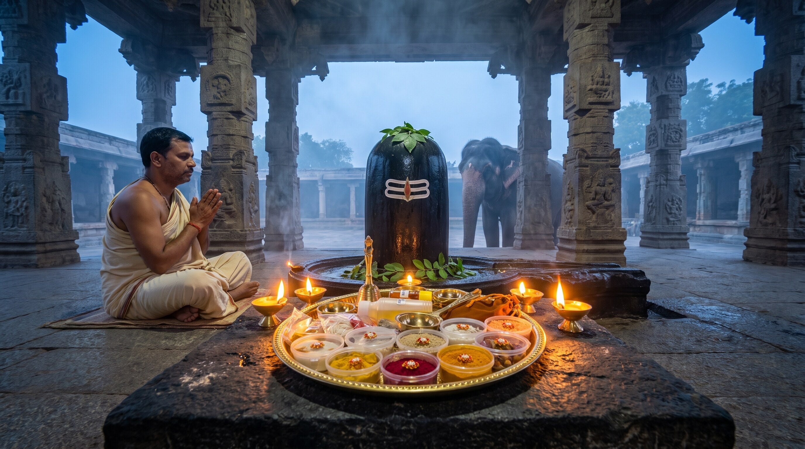 A grand Mahadeva temple ritual with an elephant and complete puja thali