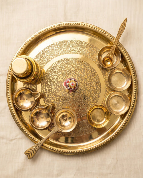 DIGAMBAR Sampoorna Brass Puja Kit actual brass thali and ritual vessels